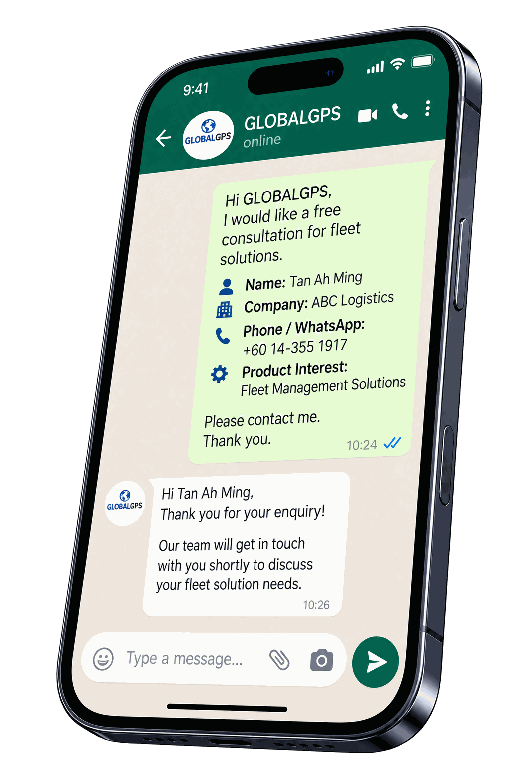 GLOBALGPS WhatsApp phone mockup